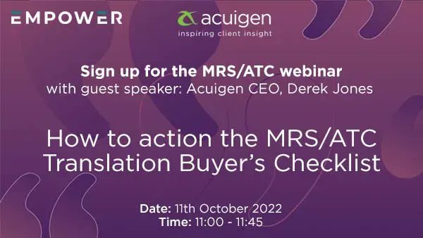 Acuigen's Derek Jones will be guest speaking on the <a href="/TweetMRS/">MRS</a> Operations webinar: How to action the MRS/ATC Translations Buyer's Checklist on 11 Oct. Book your place at buff.ly/3xbCRB1