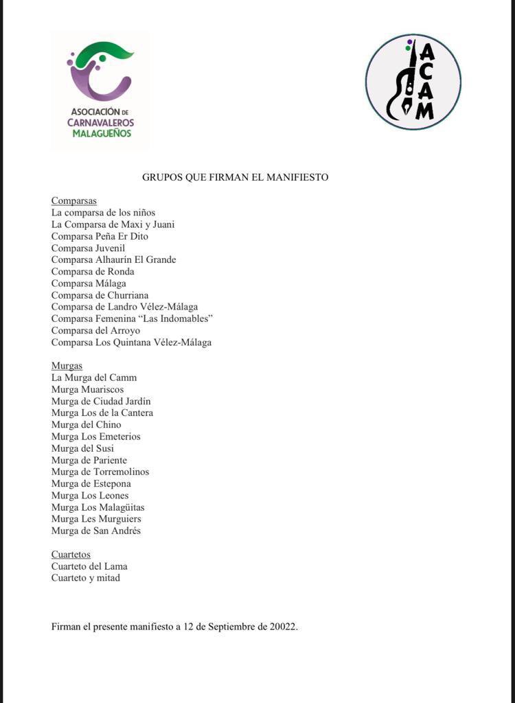 Tras la actual situación del Carnaval de <a href="/malaga/">Ciudad de Málaga</a>, 28 agrupaciones malagueñas no participarán en su edición de 2023 mientras gestione la Fundación Ciudadana del Carnaval de Málaga el actual patronato no elegido en asamblea #UnCarnavaldeTodos