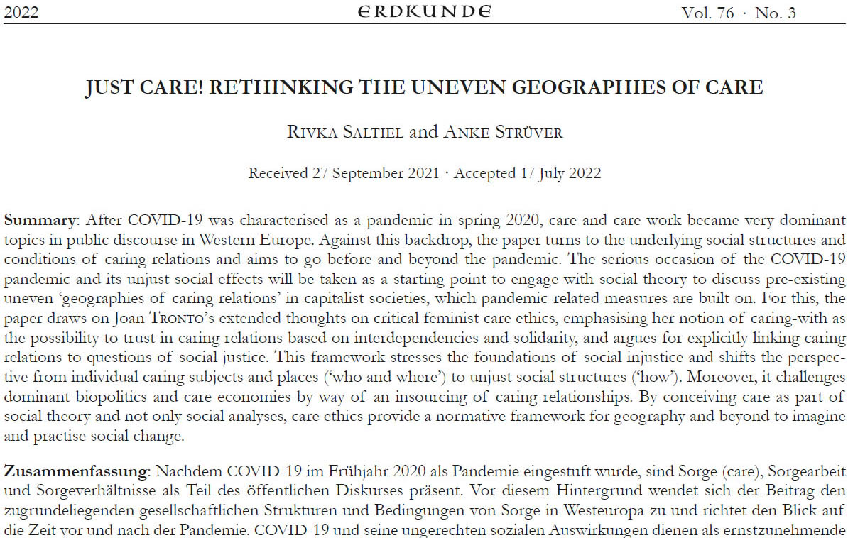 ErdkundeJournal's tweet photo. Just care! Rethinking the uneven #geographies of care by Rivka Saltiel and Anke Strüver
https://t.co/4jMYYbBmCr https://t.co/vxnitVtCX4