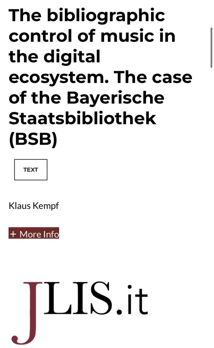 📍 Klaus Kempf ➰ The bibliographic control of music in the digital ecosystem. The case of the Bayerische Staatsbibliothek (BSB) 📂 V.13, n.1 2022 JLIS.it jlis.it/index.php/jlis… <a href="/bsb_muenchen/">Bayerische Staatsbibliothek</a>
