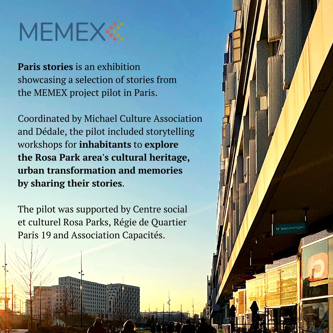 2nd step of our #MEMEXExhibition is #Paris: 5-13 October in Rosa Lab P19! Through moving personal stories, inhabitants from the Rosa Parks area shared personal memories and experiences of an evolving urban area throughout the years!
<a href="/MCA_EU/">Michael Culture</a> <a href="/SmartCityParis/">Dédale</a> 
#MEMEXParisStories
