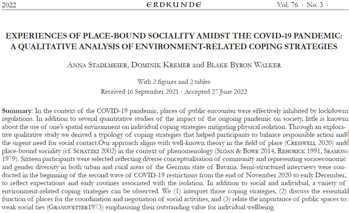ErdkundeJournal's tweet photo. Experiences of place-bound sociality amidst the #COVIDー19 pandemic: A qualitative analysis of environment-related coping strategies by Anna Stadlmeier, Dominik Kremer and Blake Byron Walker
https://t.co/wavg00h9NX https://t.co/eeUoPFmyfW