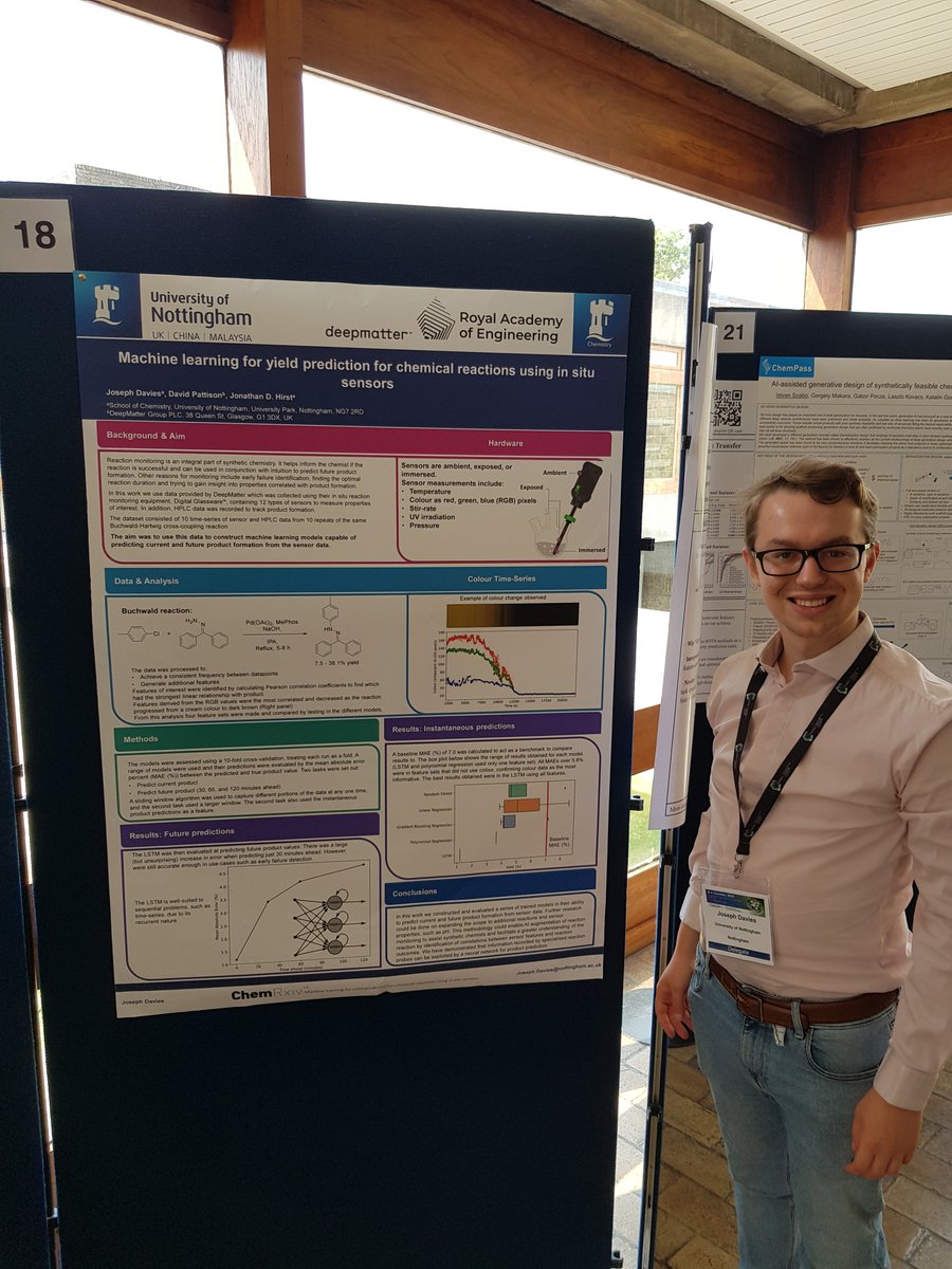 Chemailtd's tweet photo. Joseph Davies from the University of Nottingham with his deepmatter poster at the RSC 5th Artificial Intelligence in Chemistry Symposium earlier this month #rsc #artificialintelligence #event #deepmatter #thefutureofchemistry https://t.co/nfgP3LyibI