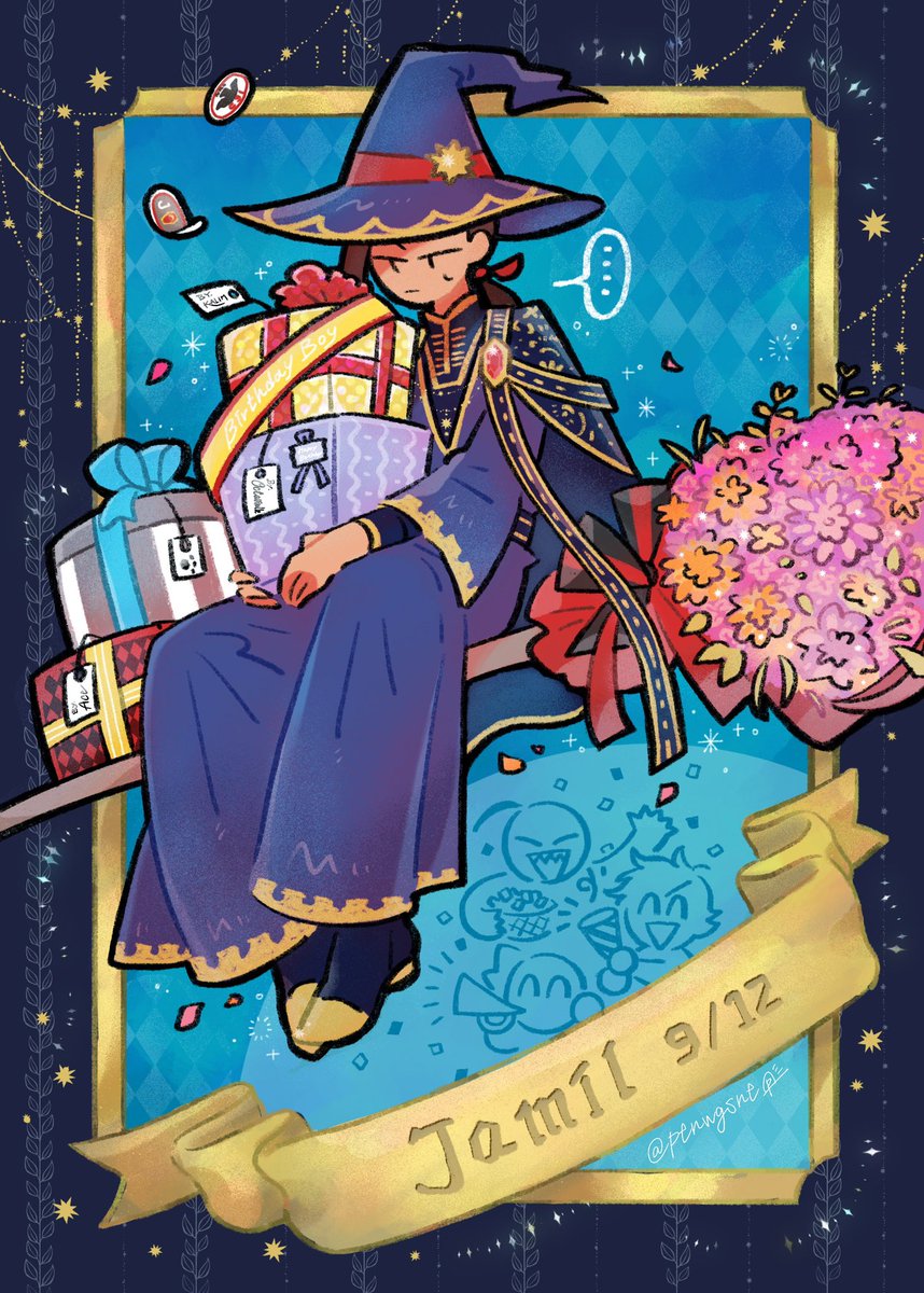 hat witch hat flower gift 1girl solo closed eyes  illustration images