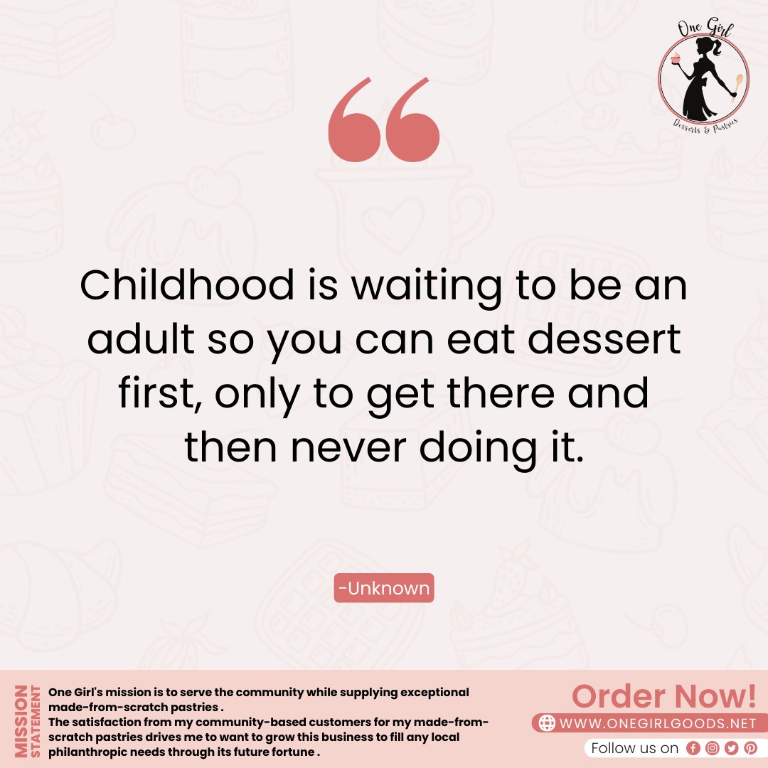 OneGirlandMore's tweet photo. Childhood is waiting to be an adult so you can eat dessert first, only to get there and then never doing it.
#desserts #foodie https://t.co/RXl483SQRd
