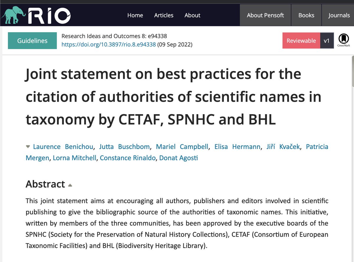"The story of a name is part of the name itself. So, including the implicit bibliographic citation in the authorities of taxonomic names is fundamental and [...]" 

👀 Read this joint statement from
 #CETAF + <a href="/SPNHC/">SPNHC</a> + <a href="/BioDivLibrary/">BHL</a> 
on <a href="/RIOJournal/">RIO Journal</a> 

👉cetaf.org/joints/👈