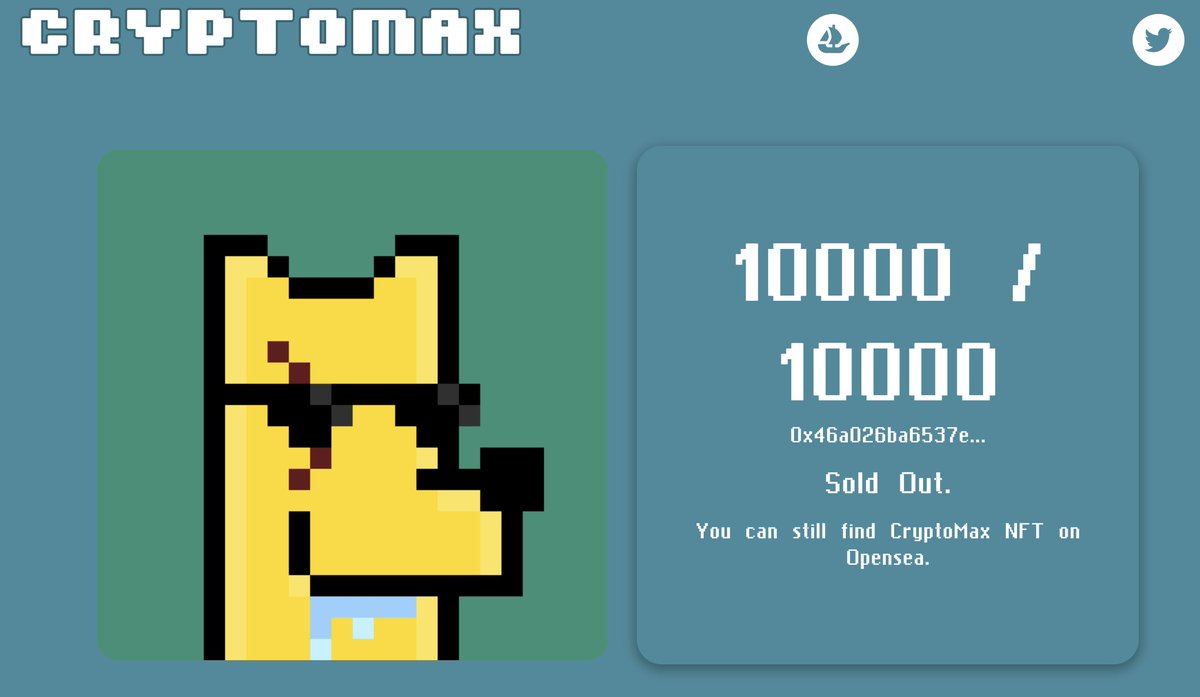 CryptoMax_NFT's tweet photo. SOLD OUT!
You can still find Max on here!
Show your #CryptoMax on twitter!
https://t.co/khBuUQRK0s https://t.co/m5P741ye52