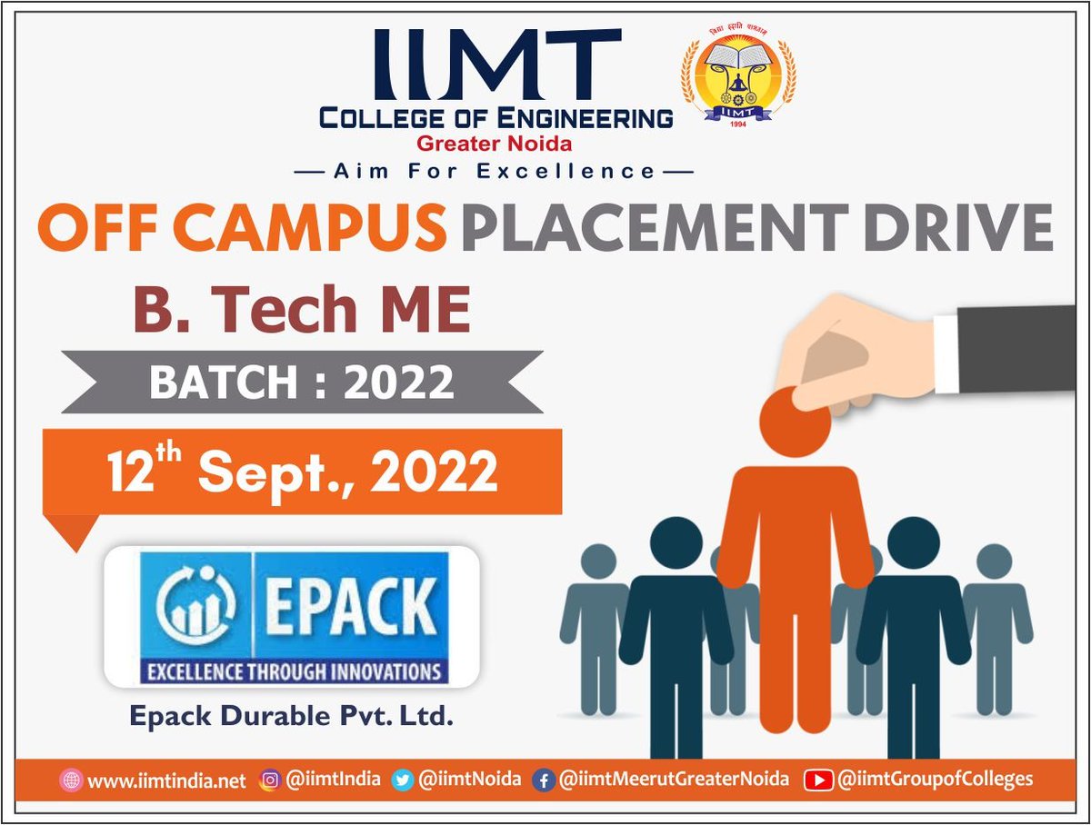 iimtnoida's tweet photo. IIMT College of Engineering, Greater Noida organizing Off campus Placement drive for https://t.co/M7GEt5OgtU - ME students of Batch -2022  on 12th September 2022.
Company: EPACK
https://t.co/UOh7RIbr6l
Call Us: 9520886860
#CampusPlacement #Btechplacement
#TopEngineeringCollege https://t.co/6ROQ1bfYTO