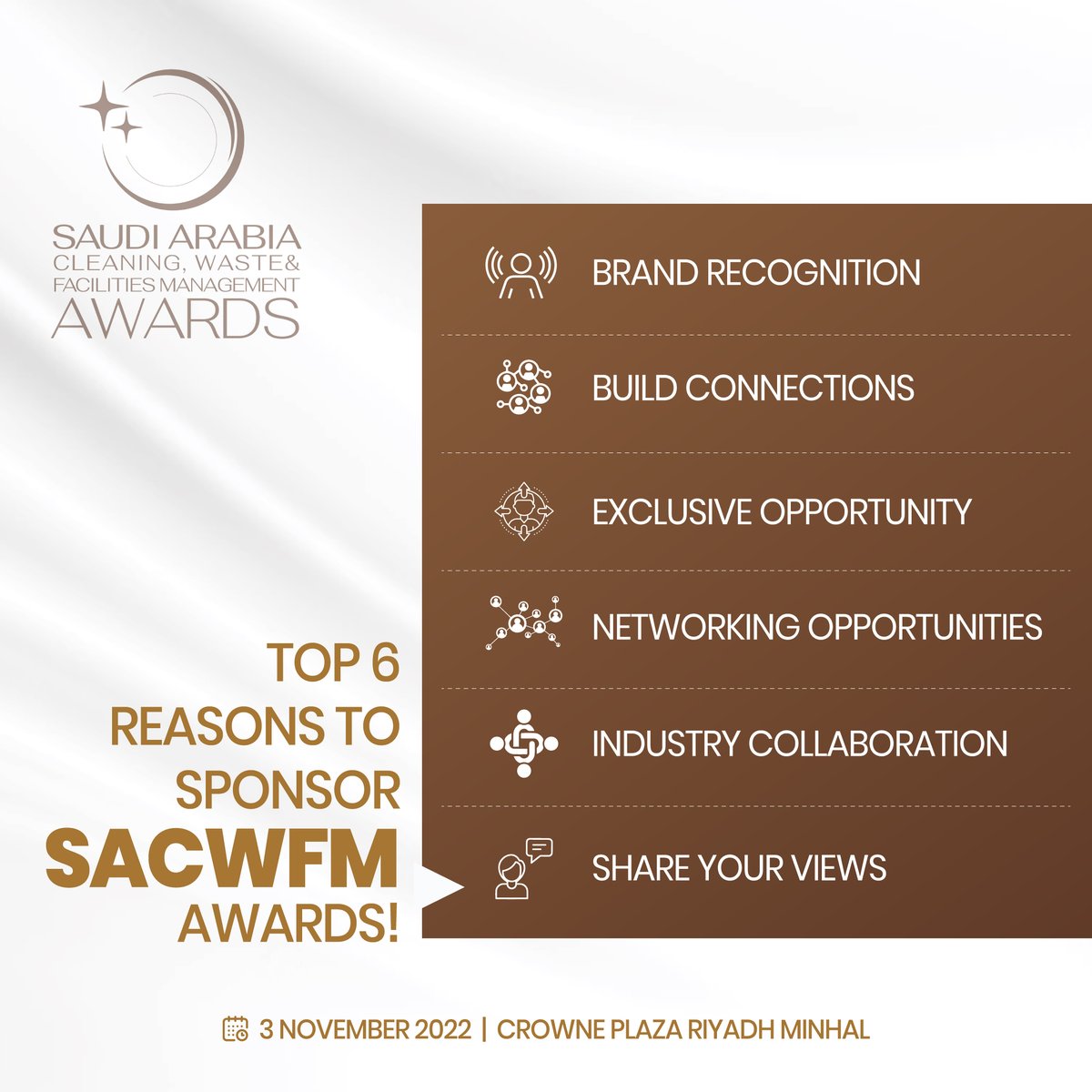 Are you ready to light up your brand among the industry's top professionals and exceptional crowd?

Join us and make use of this opportunity to reap the most benefits.
Get involved: bit.ly/3zdW8SH 

#sacwfm #awards #cleaning #wastemanagement #fm #KSA #events #uae