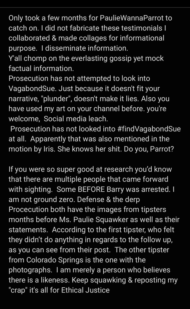 jackedGItract's tweet photo. Only took a few months for
PaulieWannaParrot to catch on. I
do not fabricate testimonials, I
made collages for informational
purpose. Y'all chomp on the
everlasting gossip yet mock
factual info. #findVagabondSue
Keep squawking &amp; reposting my
"crap" it's all for Ethical Justice https://t.co/pYkjxLfQuL