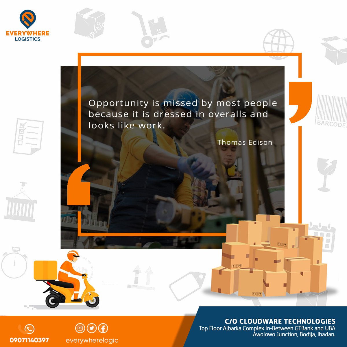 everywherelogic's tweet photo. Happy New Week.
#mondaymotivation 
#everywherelogistics
#safedelivery
#ibadandispatchriders https://t.co/12YrKrQyjV