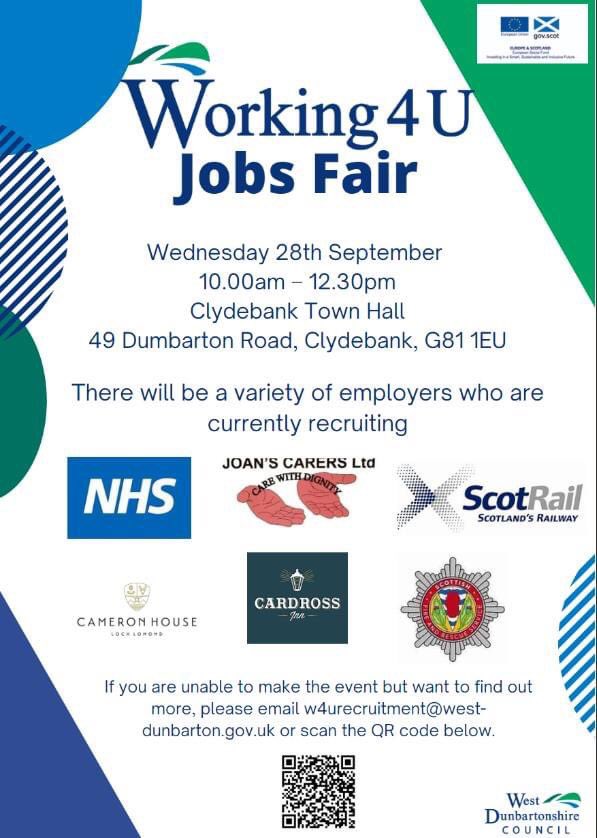 Are you currently looking for employment? Pop in to the Working4U Jobs Fair in Clydebank Town Hall on Wednesday 28th! Scan the QR Code at the bottom of the image for more information!