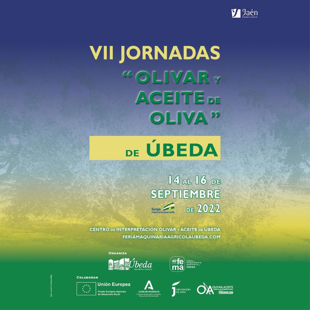 FemaUbeda's tweet photo. 🚜 FEMA 2022 🚜 | Apuntad la fecha del 14 de septiembre ya que será el pistoletazo de salida de la #FEMA22.
👉 #JornadasTécnicas Olivar y Aceite de Oliva.
👉 Inscripción e #info en 📧comercio@ubeda.es en el ☎️ 953750440 ext. 1402, 1405, 1406, 1407. https://t.co/rVM111mAnG