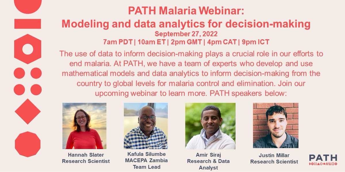 How much do you know about the role of modeling and data analytics in #malaria elimination efforts? Join @hannah_c_slater, Kafula Silumbe, <a href="/amirSSiraj/">Amir Siraj</a> and <a href="/justinjmillar/">Justin Millar</a> at our upcoming webinar to find out more: path.zoom.us/webinar/regist…