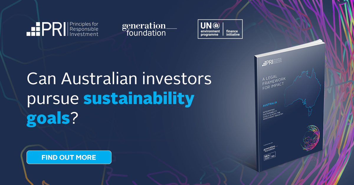 UNEP_FI's tweet photo. There are policy gaps limiting investors’ ability to shape sustainability outcomes in Australia. @PRI_News’s latest report with UNEP FI and @GenerationFndt provides 5 policy recommendation that address these gaps. Find out more: https://t.co/BvEVyFbwuu #ImpactLegalFramework https://t.co/gZBXIxoCRM