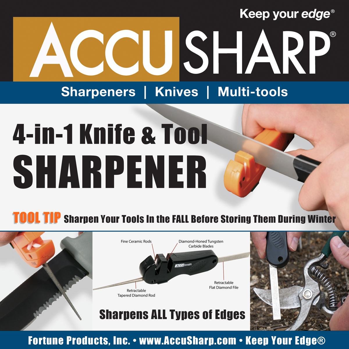 AccuSharp 4-in-1 Multi-tool Knife Sharpener - Coarse Tungsten Carbide  Sharpening Blades & Ceramic Rods with Retractable Diamond-Tapered Rod -  Fish