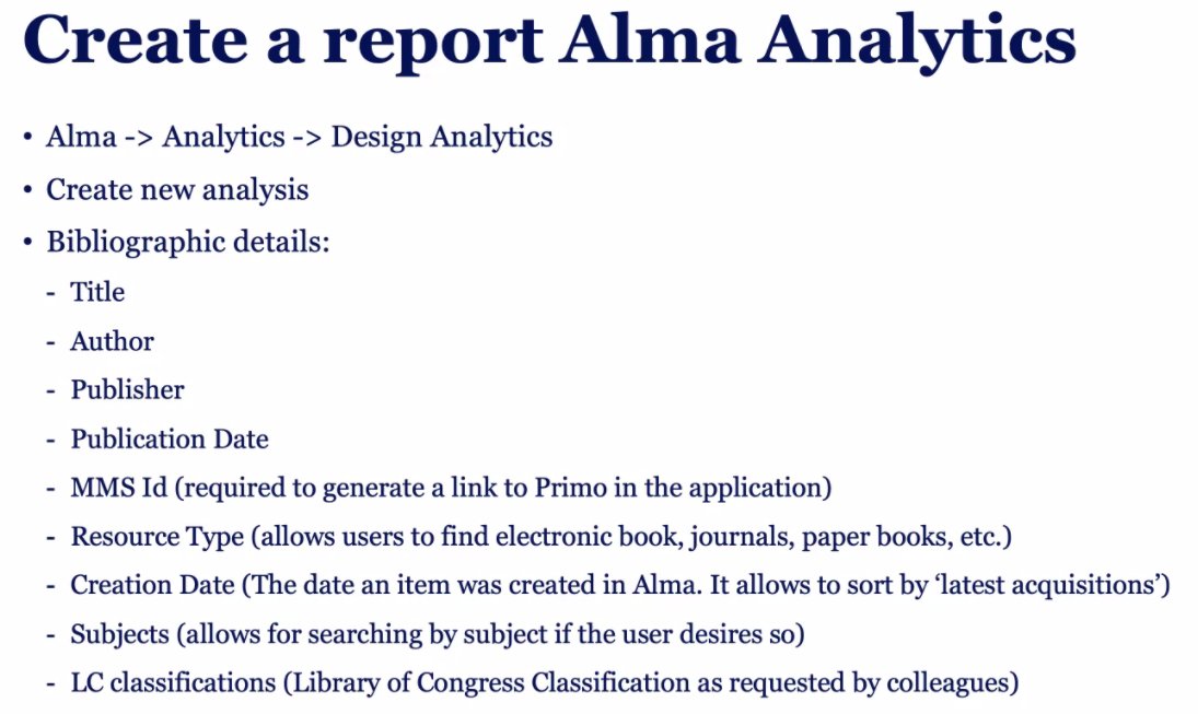davidwitteveen's tweet photo. How the app works is pretty straightforward:
1. Create a recent acquisitions report in Alma Analytics
2. Fetch and display the results via the API
3. Links lead to Primo  

#IGeLU https://t.co/eLPQ4clbqV