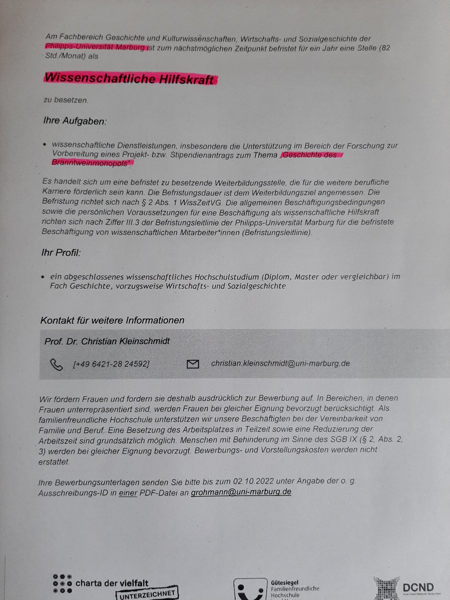 Ausschreibung Wiss. Hilfskraftstelle Uni Marburg. Es gibt umfangreichere Vorrecherchen, Arbeitsort frei wählbar