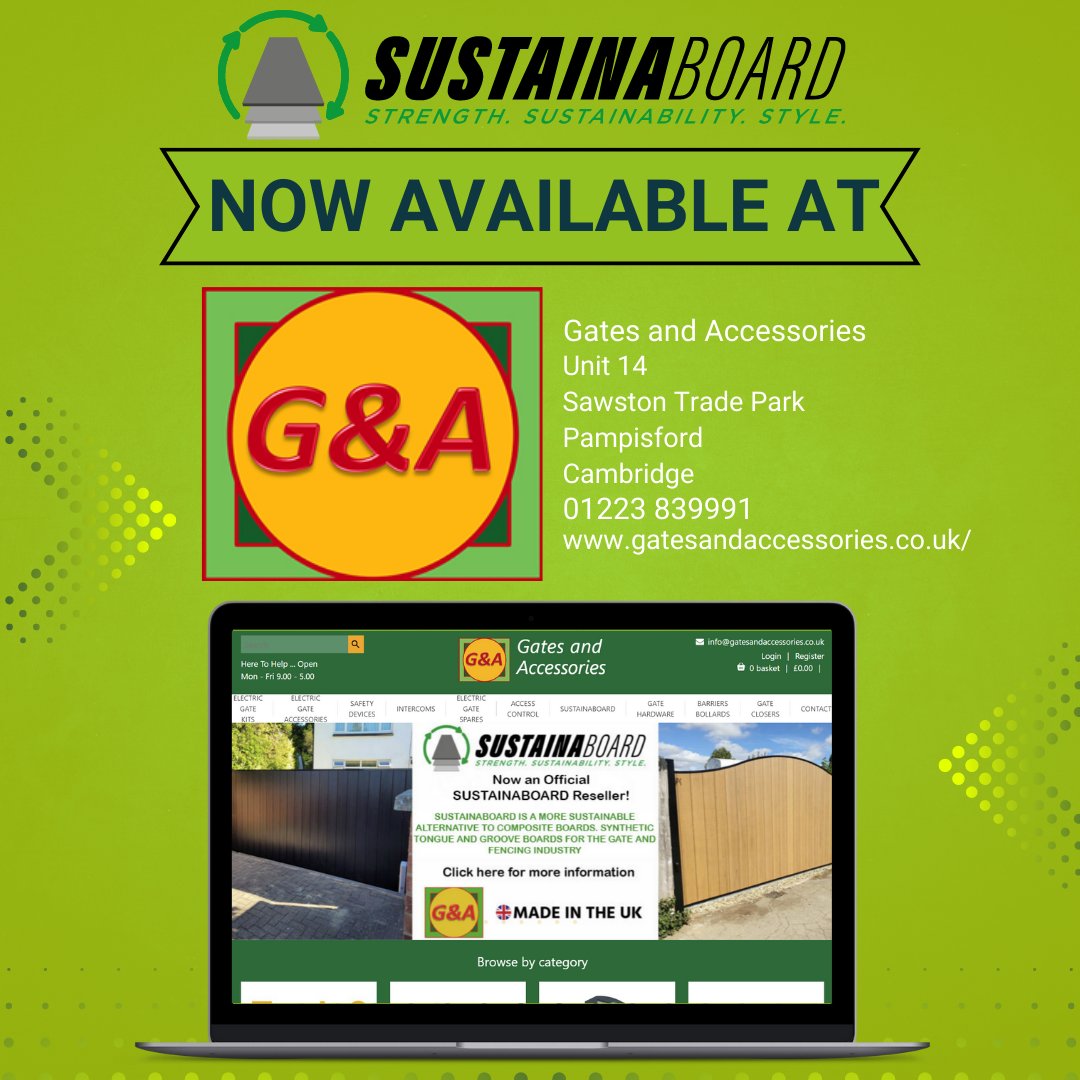 SUSTAINABOARD DISTRIBUTOR!

We are very excited to announce that Sustainaboard is now available for collection from @gatesandaccessories in Cambridge.

Get in touch for more information.

#Sustainaboard #Sustainability #gates #automatedgates #electricgates #compositeboards