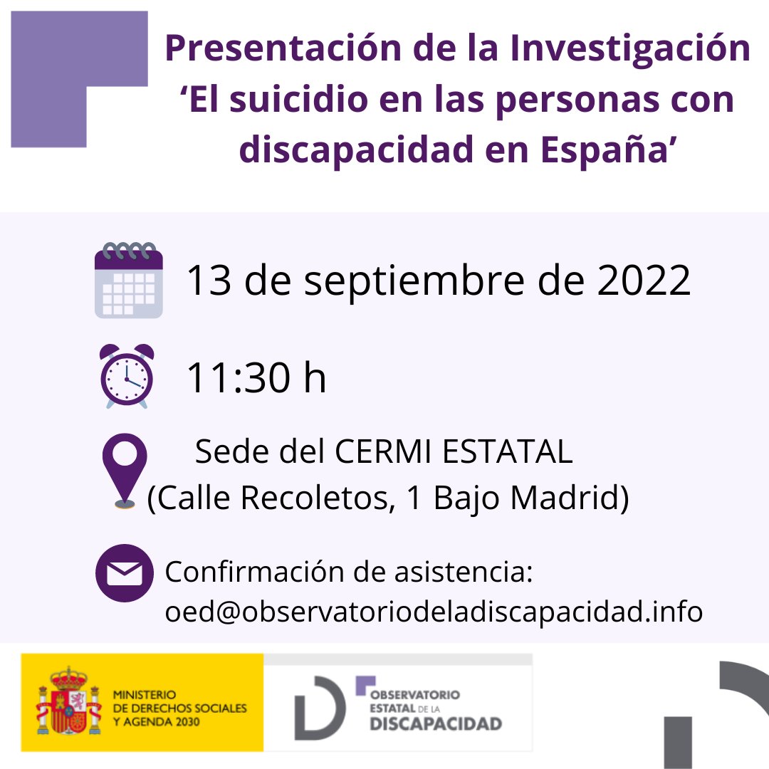 🗓️ El Observatorio Estatal de la Discapacidad (<a href="/OED_Olivenza/">OED</a>) presenta mañana martes a las 11:30 h. las conclusiones del estudio 'El suicidio en las personas con #discapacidad en España'.

✍️ Confirma asistencia en oed@observatoriodeladiscapacidad.info.

<a href="/MSocialGob/">Ministerio de Derechos Sociales, Consumo y A2030</a> <a href="/jesusmartinb/">Jesús🌻Martín Blanco</a>