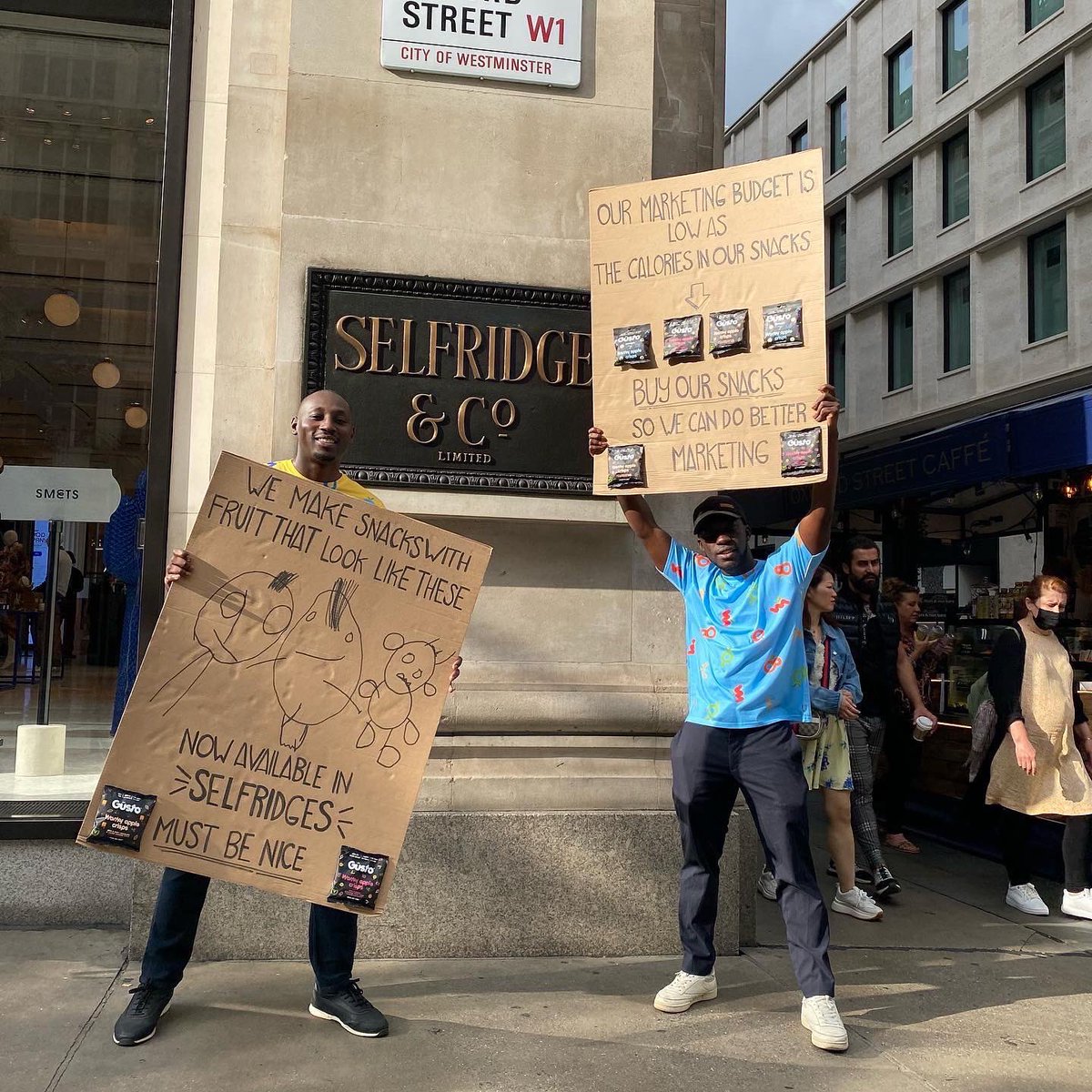gusto_snacks's tweet photo. We made it into the iconic @selfridges.

But unfortunately, our marketing budget is low as the calories in our snacks so we had to send Mario &amp; Luigi out in the streets to make some noise about it.

Buy our snacks, so we can do better marketing next time. #selfridges https://t.co/Zg26ds7UQy