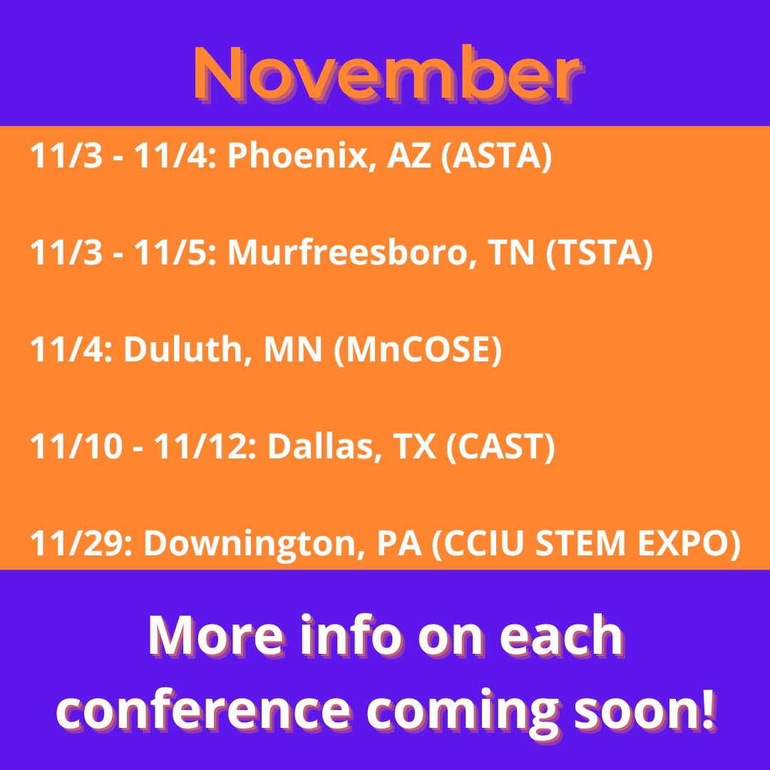 ActivateScience's tweet photo. We're looking forward to a full and fun conference season! Meet our team in person at one of the below events and you'll quickly see why Activate Learning is your best resource for deeper learning in #STEMeduation. 😄🎉🙌 #STEMed #STEMConference #STEMk12 #3dScience #SciEd https://t.co/iHBI2bjAGX