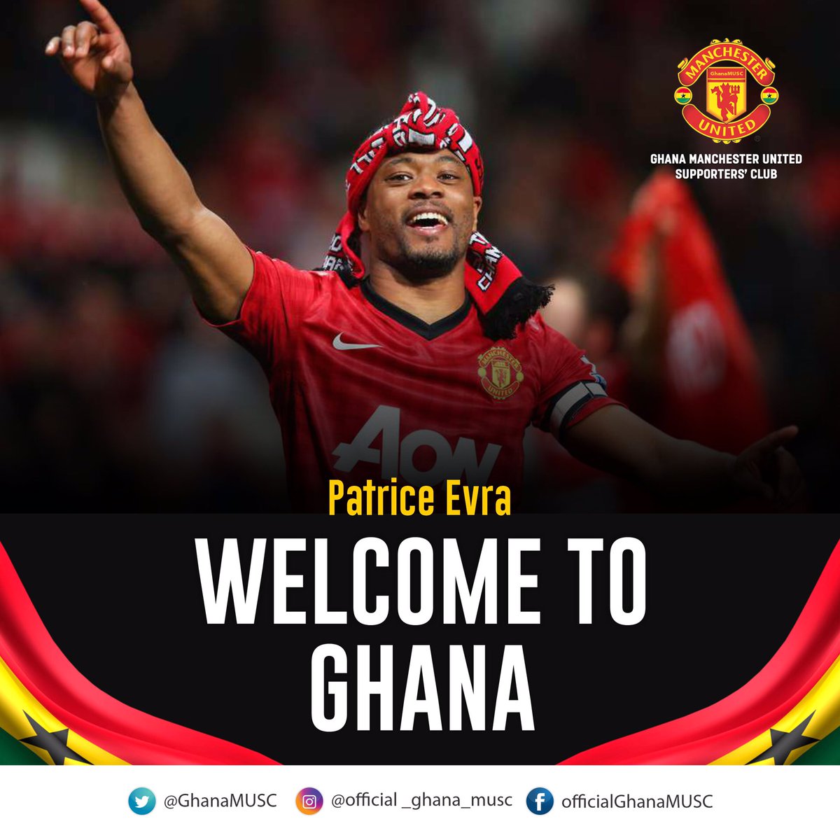 GhanaMUSC's tweet photo. GOOD MORNING FELLOW REDS!

We're pleased to inform you that our club legend, PATRICE EVRA is arriving in Ghana today!!!

Let's all meet at the Kotoka International Airport, exactly 7pm to beautifully give him a warm welcome into Ghana. 

Don’t forget to be in your MUFC colors 🔴 https://t.co/ZzKlrjx662