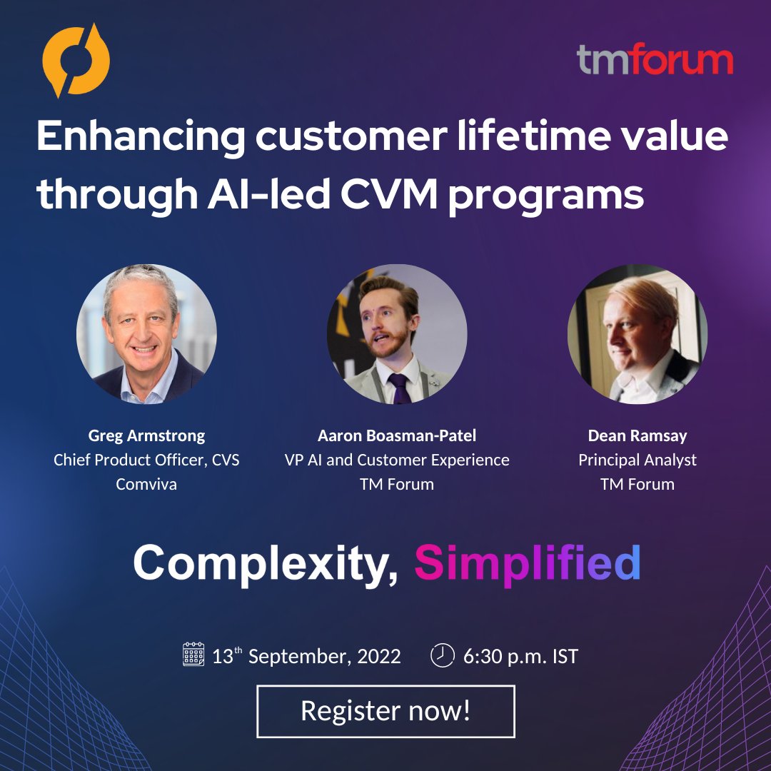 ComvivaTech's tweet image. AI-led CVM programs are the future of enhanced CX! Register today for @tmforumorg&apos;s upcoming webinar as we discuss how AI is playing a pivotal role in enhancing customer lifetime value. bit.ly/3B1eeYQ #ComplexitySimplified