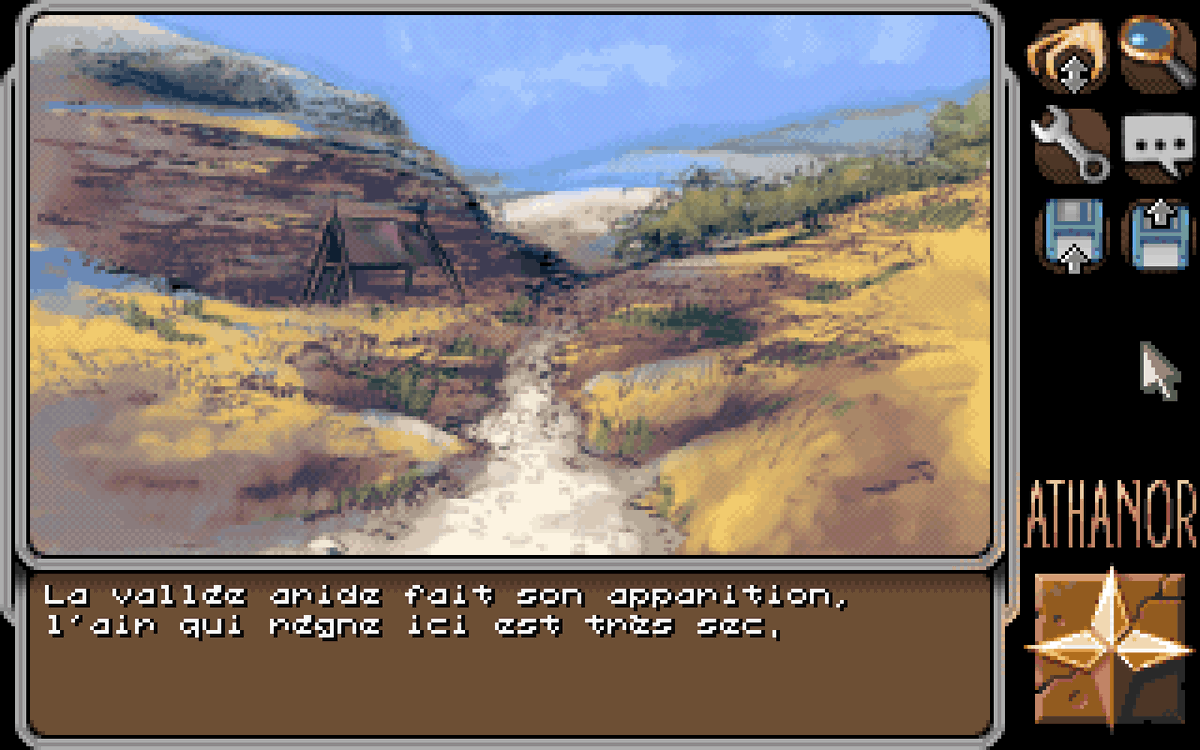 Gamrok's tweet photo. I started playing Athanor 2 last night and I really like the atmosphere. The music is very pleasant and nice to listen to. And as you can see, the environments are very beautiful 🖌️

The game runs on an #Amiga that can display 256 colors 🎨 (AGA chipset)

#Athanor2 #AdventureGame https://t.co/HBRZJeJuMy