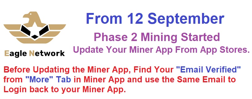 EagleNetworkApp's tweet photo. Eagle Mining Network Phase 2
Mining of Partner's Tokens
Update Your (Miner App) (From 12 September)
(Wait for the Updates to be available on your region's app stores)

Phase 2 Mining of Partner's Token is ACTIVE now! https://t.co/TsBb2w93zp