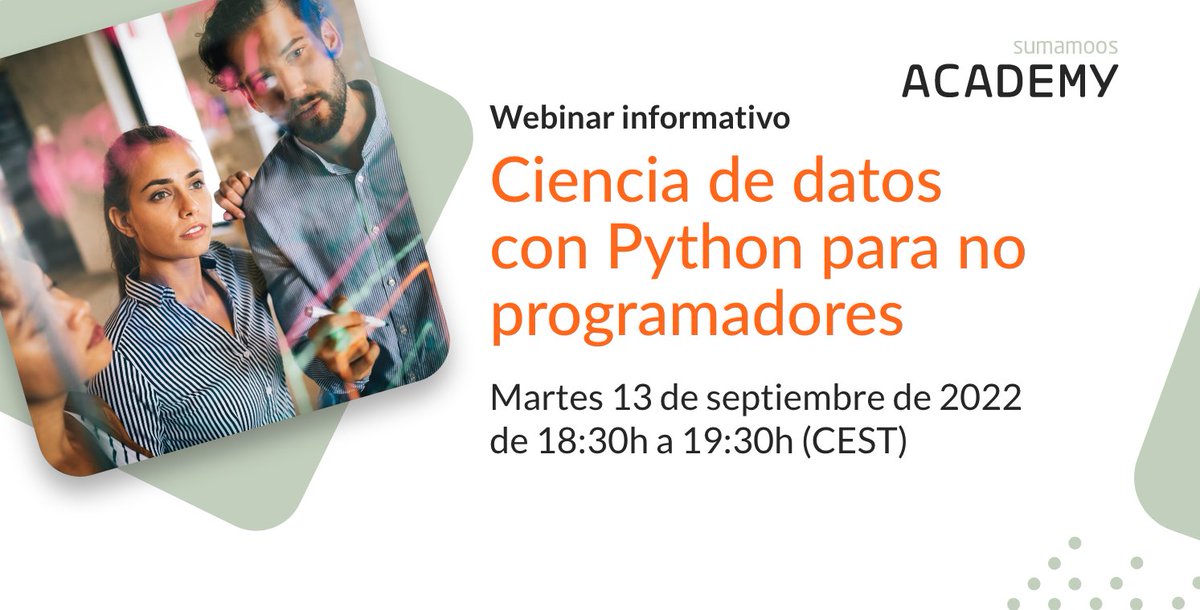 sumamoos's tweet photo. Si tienes pensado convertirte en analista de negocios o científico de datos. No te puedes perder este #webinar gratuito.
Te esperamos mañana de 18:30h a 19:30h (CEST).
¡Inscríbete!
 https://t.co/336eI53pVY 
#webinar #cienciadedatos https://t.co/JS3CuUPOfJ