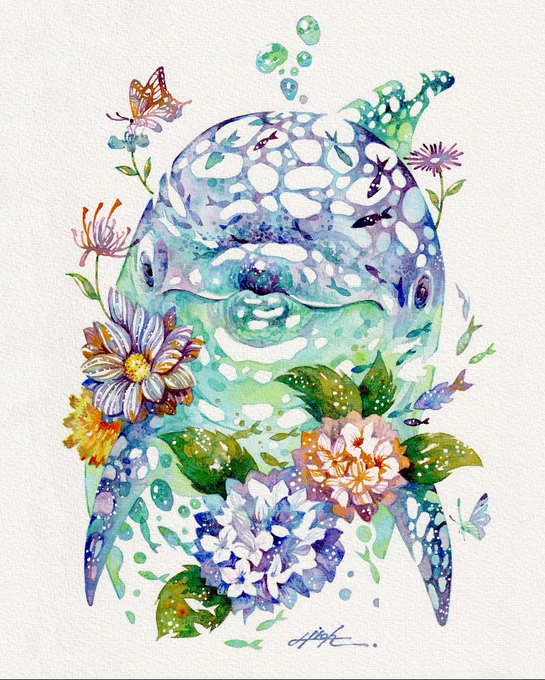 イルカと紫陽花#透明水彩 