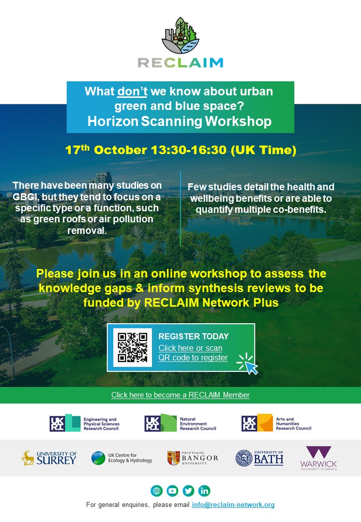 reclaim_network's tweet image. &apos;What don&apos;t we know about urban green and blue space?&apos;

To discuss, identify knowledge gaps and inform synthesis sign up for this FREE #RECLAIMNetworkPlus workshop here : surrey-ac.zoom.us/webinar/regist…