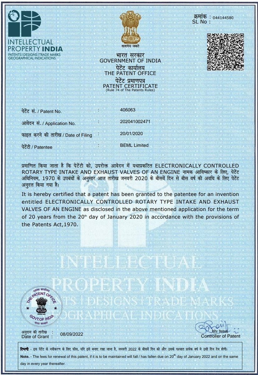 cmdbeml's tweet photo. One more Patent granted to BEML, titled 'Electronically controlled rotary type intake &amp; exhaust valves of an engine'. Kudos to the team from R&amp;D, Engine Division, Mysore complex. #drajaykumar_ias #MsnRakshaGyanShakti https://t.co/58wZ2C4j9B