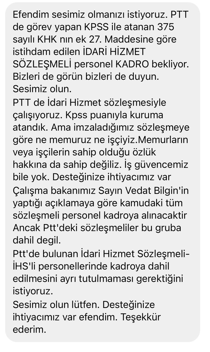 PTT de güvenceleri olmadan görev yapan İDARİ HİZMET SÖZLEŞMELİ PERSONEL kadro istiyor.Seslerini duyurmaya çalışıyorlar. <a href="/PTTKurumsal/">PTT AŞ</a> <a href="/vedatbilgn/">Vedat Bilgin</a>