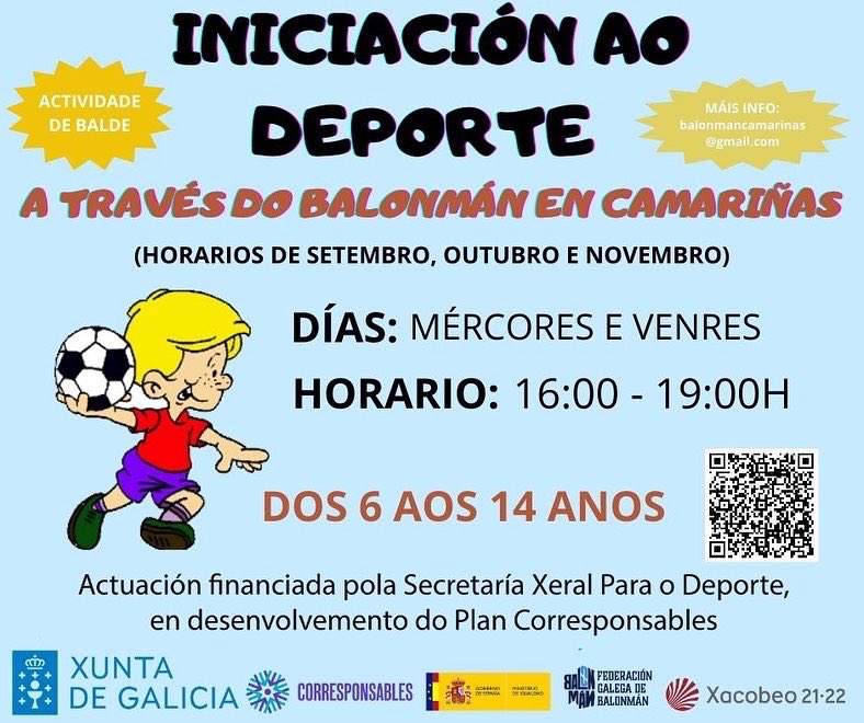 camarinasbm's tweet photo. Hoxe comezamos con novas actividades nos concellos de Camariñas, Vimianzo e Muxia‼️

➡️ Actividades gratuítas

➡️ Dirixidas a nenos/as de 6 a 14 anos

➡️ Para inscribirse nos códigos QR dos carteis

➡️ Máis info: balonmancamarinas@gmail.com

@Xunta @deporte_galego @fgabalonman https://t.co/eB1N01TFbw