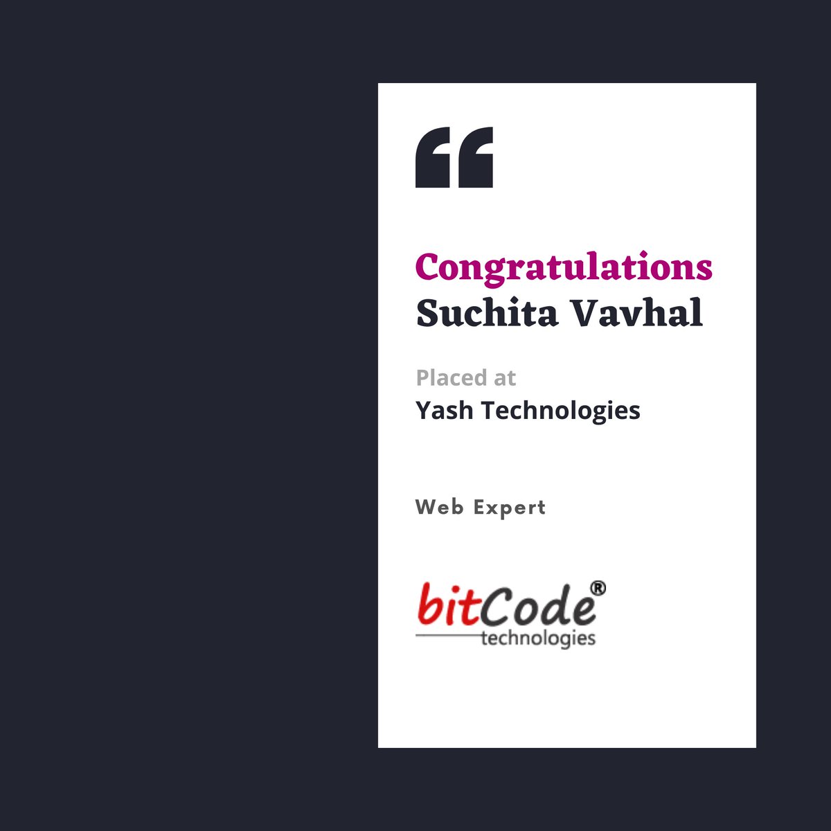 BitcodeTech's tweet photo. Congratulations Suchita vavhal, for your placement at #Yash Technologies as #Web Expert. We wish you all the best!

For details about Full Stack Web Development training visit:
https://t.co/O1hBIiMQJG

#bitcode #bitcodeplacements #bitcodesuccessstories #meanstacktraining https://t.co/cNfQ6Hig1N
