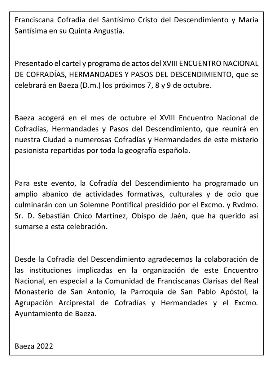 DescenESP's tweet photo. En la mañana de hoy, ha sido presentado oficialmente el cartel anunciador y el programa a desarrollar en nuestra próxima cita, el XVIII Encuentro Nacional y que a continuación mostramos, estando aún abierto el plaza de inscripción, por lo que animamos a todos nuestros hermanos: https://t.co/RjUYknvo4P