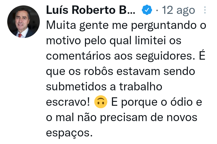 BezerraElieuda's tweet photo. "Brasil", olha a posição que um sujeito desse ocupa no país, e olha como ele se posiciona e argumenta...
Ele também faz parte, das pessoas que falam bestagens e chamam pessoas de robôs.👎 
O MAIOR MAL NO BRASIL, É O "stf" SOLTANDO BANDIDOS E DESFAZENDO OS FEITOS "EXECUTIVO". 🙃 https://t.co/GUGzvsk24R