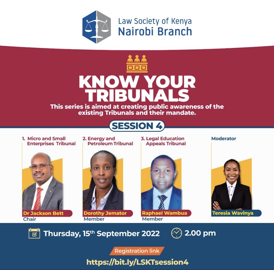OrtSecretariat's tweet photo. Remember to tune in : https://t.co/oUYdQu5Xld
KNOW YOUR TRIBUNALS
This series is aimed at creating public awareness of the existing Tribunals and their mandate.
SESSION 4 @lsk_nbi
15/09/2022. At 2:00PM
#MicroandSmallEnterprises
#EnergyandPetroleum
#LegalEducationAppeals https://t.co/Q216V6Nuvm
