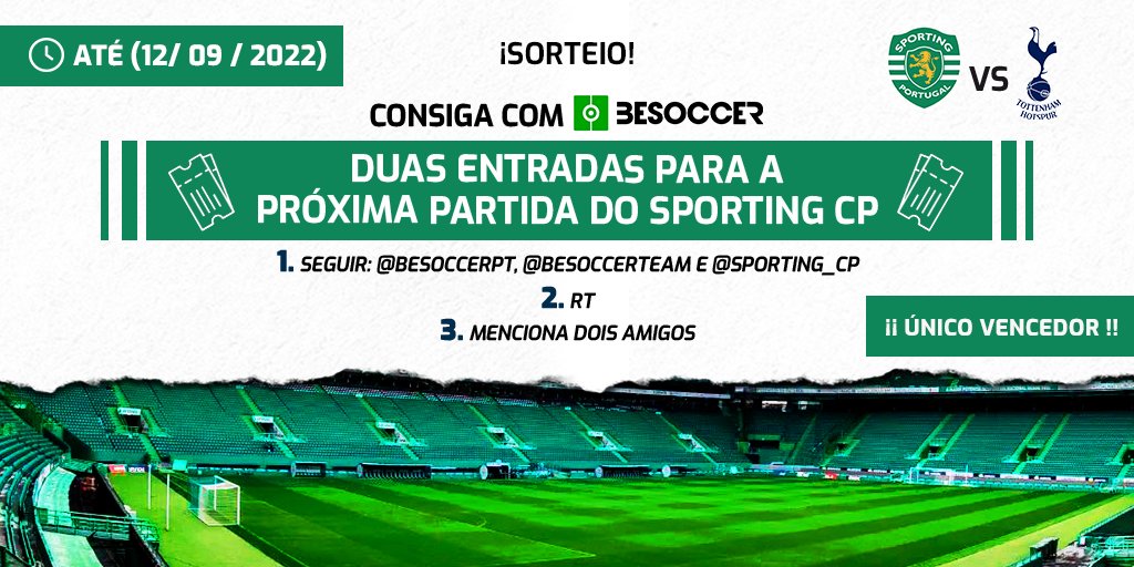 🎁 SORTEIO 🎁 
Queres ganhar bilhetes para ver o 
@Sporting_CP-<a href="/SpursOfficial/">Tottenham Hotspur</a> ?
1º passo: seguir➡ 
<a href="/BeSoccerPT/">BeSoccer</a> + <a href="/BeSoccerTeam/">Team BeSoccer</a> + 
@Sporting_CP
2º passo: RT🔁
3º passo: Fav❤️ 
4º passo: menciona dois amigos 👥
Tens até o dia 12/09 para participar
Boa Sorte!💚🦁
Um vencendor!