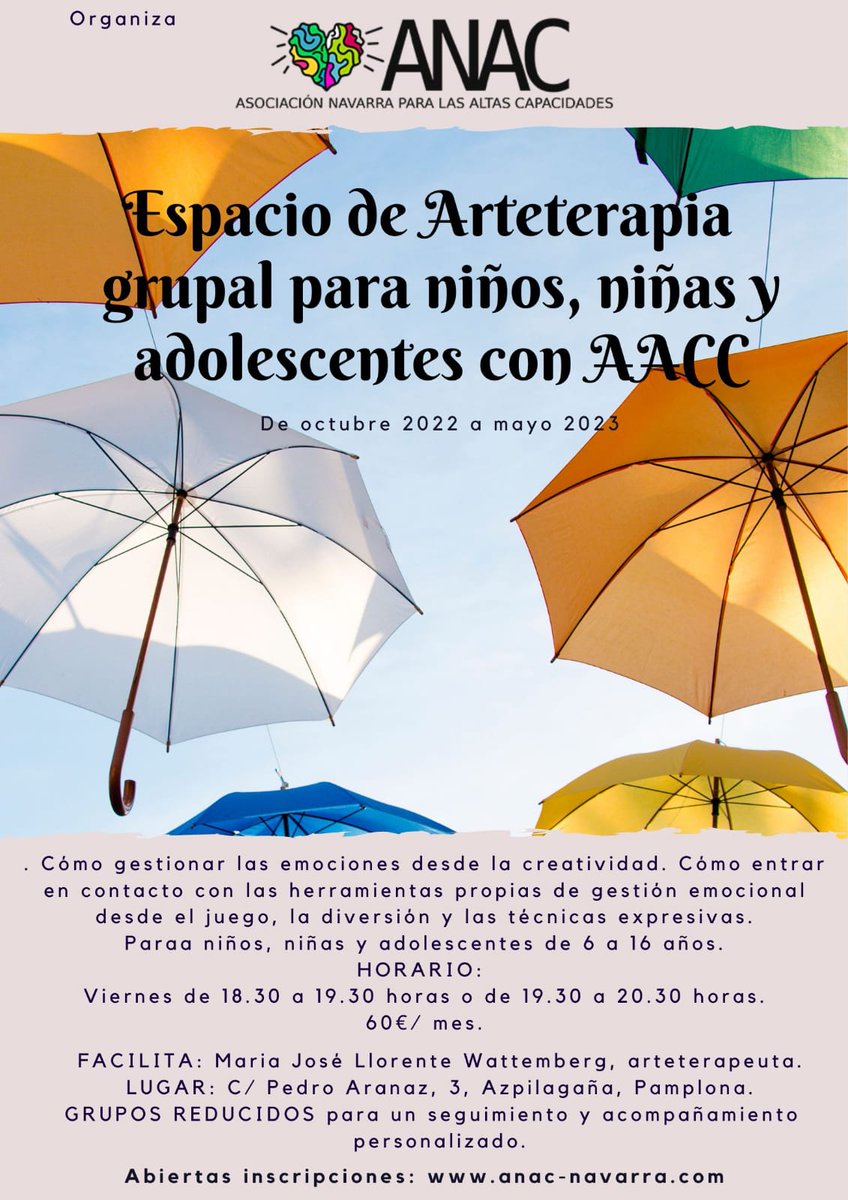 Hoy os presentamos "Espacio de arte terapia para niños, niñas y adolescentes"
En está actividad aprenderán a gestionar las emociones desde la creatividad. Relacionarse con su universo y con los demás de forma creativa.
Todo ello con seguimiento y acompañamiento personalizados.