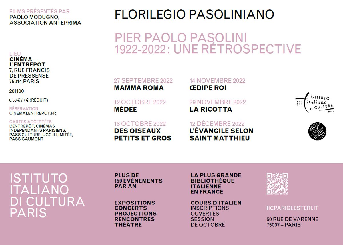 IICParigi's tweet photo. 📽️#PierPaoloPasolini et né 1922. Cent ans plus tard, l'#IIC, en collaboration avec l'association #Anteprima et le cinéma L'#Entrepôt vous proposent de revenir sur son œuvre.
Le 27/09 Projection de Mamma Roma 
Infos et réservations 👇https://t.co/x8tFzjNEH2
Programme complet 👇 https://t.co/UIbW2cfGf8