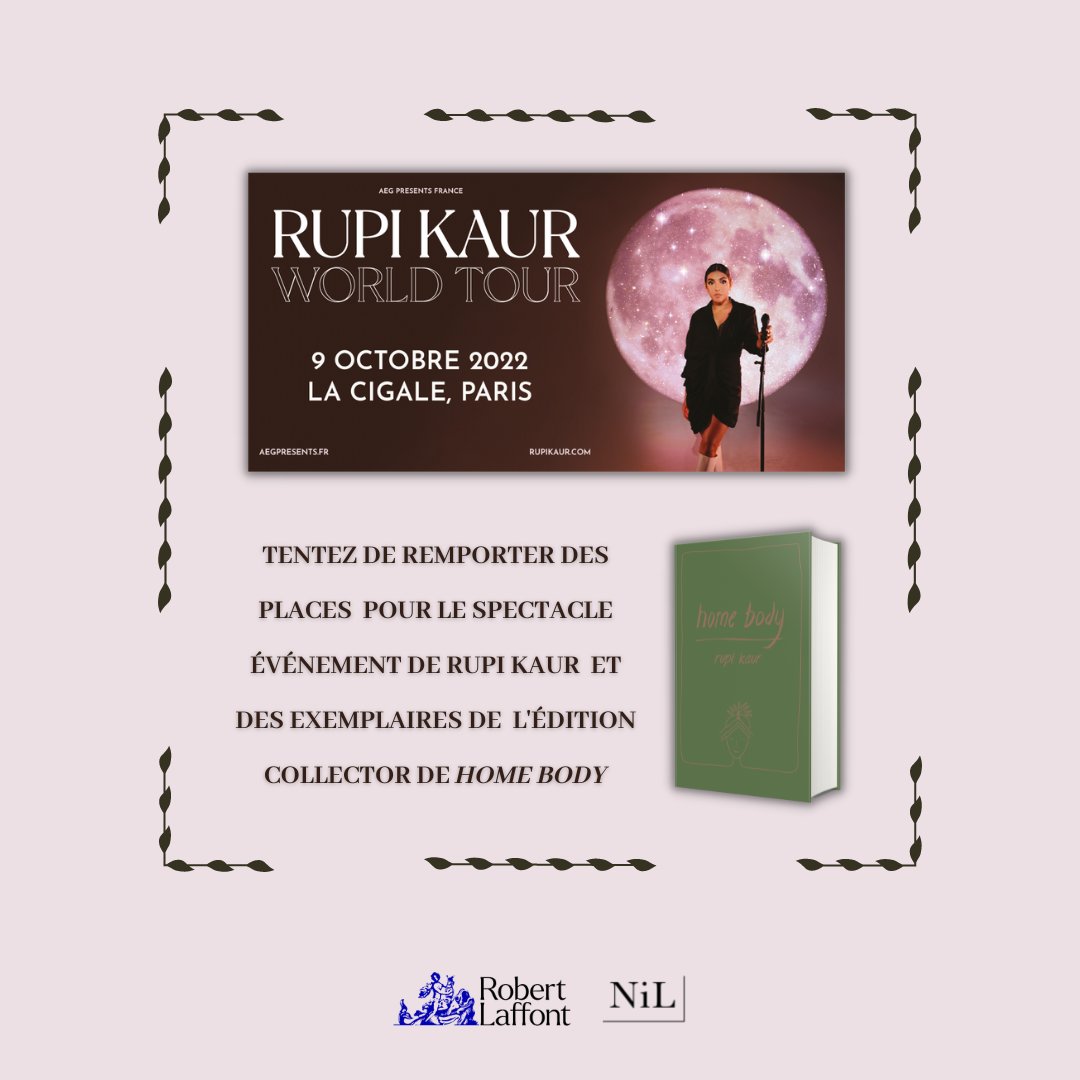 Remportez vos places pour le spectacle événement de Rupi Kaur à La Cigale (Paris) le 9 octobre prochain ainsi que des exemplaires de l'édition collector de "home body". 

Pour participer, rendez-vous sur ce lien : 
> bit.ly/Concours_RupiK…