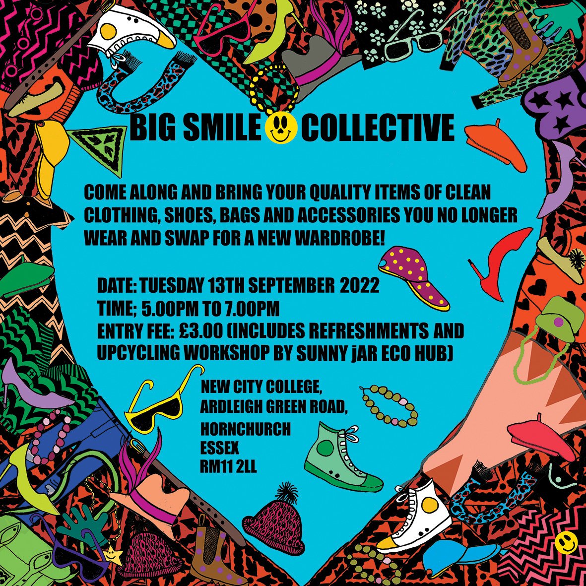 Clothes swap #BigSmileCollective tomorrow Tues 13 Sep 22, 5:00pm to 7:00pm, @nccardleigh_ New City College, Ardleigh Green Road, Hornchurch, Essex RM11 2LL. £3 includes refreshments & @sunnyjarecohub 'make a shopper from a t-shirt' workshop!
eventbrite.co.uk/e/big-smile-co…