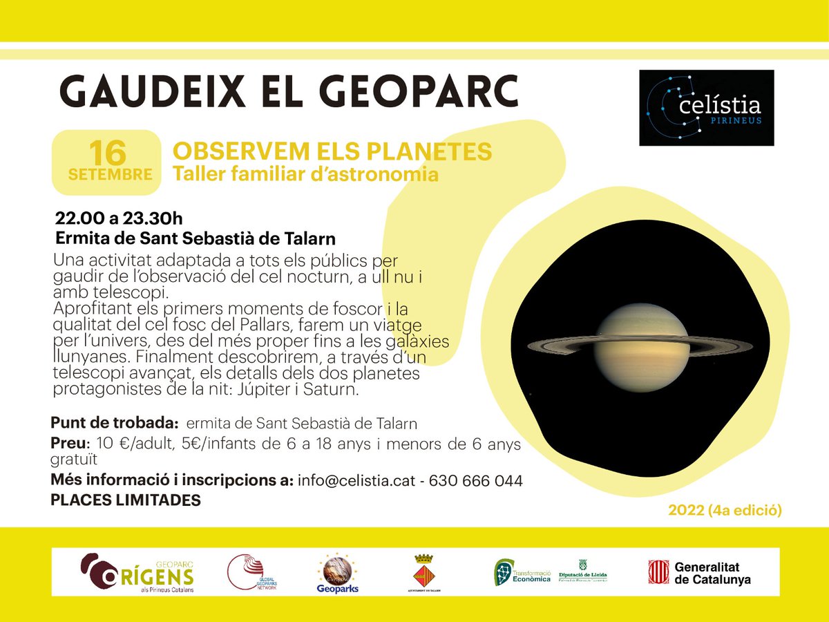 Aquest proper divendres 16 de setembre a les 22h, des de Talarn, creuem l’univers sota el cel del #Pallars i descobrim les llunes de Jupiter, els anells de Saturn i molt més a través del telescopi. Hi pots venir amb tota la família! 🔭🪐 #GeoparcOrígens