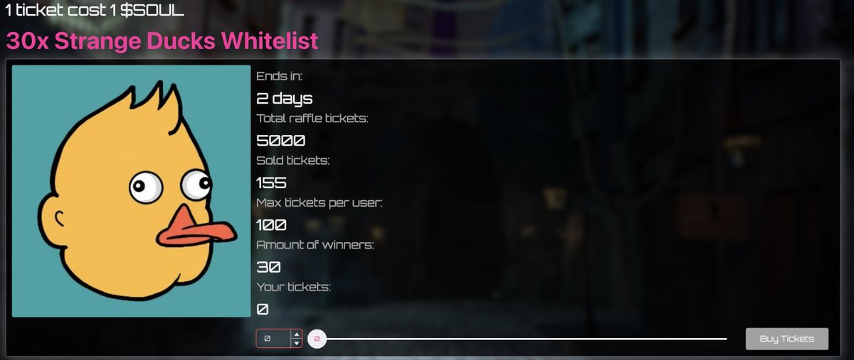 GM Fam 🌞

Did you hear about ducks?

We've 30 WL for @strange_ducks and it will end in 2 days 👻

Grab your $SOUL and join the raffle ⤵️
🔗 raffle-cursed-souls.vercel.app/raffle/631e1ad…