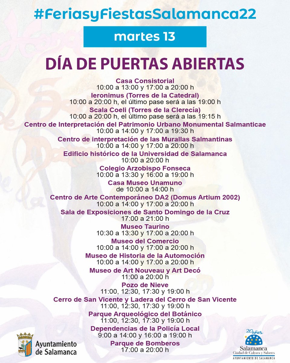 aytoSalamanca's tweet photo. 🎉 #FeriasyFiestasSalamanca2022

👁‍🗨 DÍA DE PUERTAS ABIERTAS
🗓 Martes 13 de septiembre https://t.co/f9bLX0V0BW
