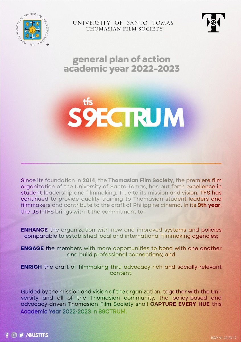USTTFS's tweet photo. As we celebrate the 103rd anniversary of Philippine Cinema, the Thomasian Film Society presents our general plan of action for the academic year 2022-2023.
#TFS9
#ThomasianFilmSociety
--
RSO-A1-22-23-17 https://t.co/RsSHqvAOzu