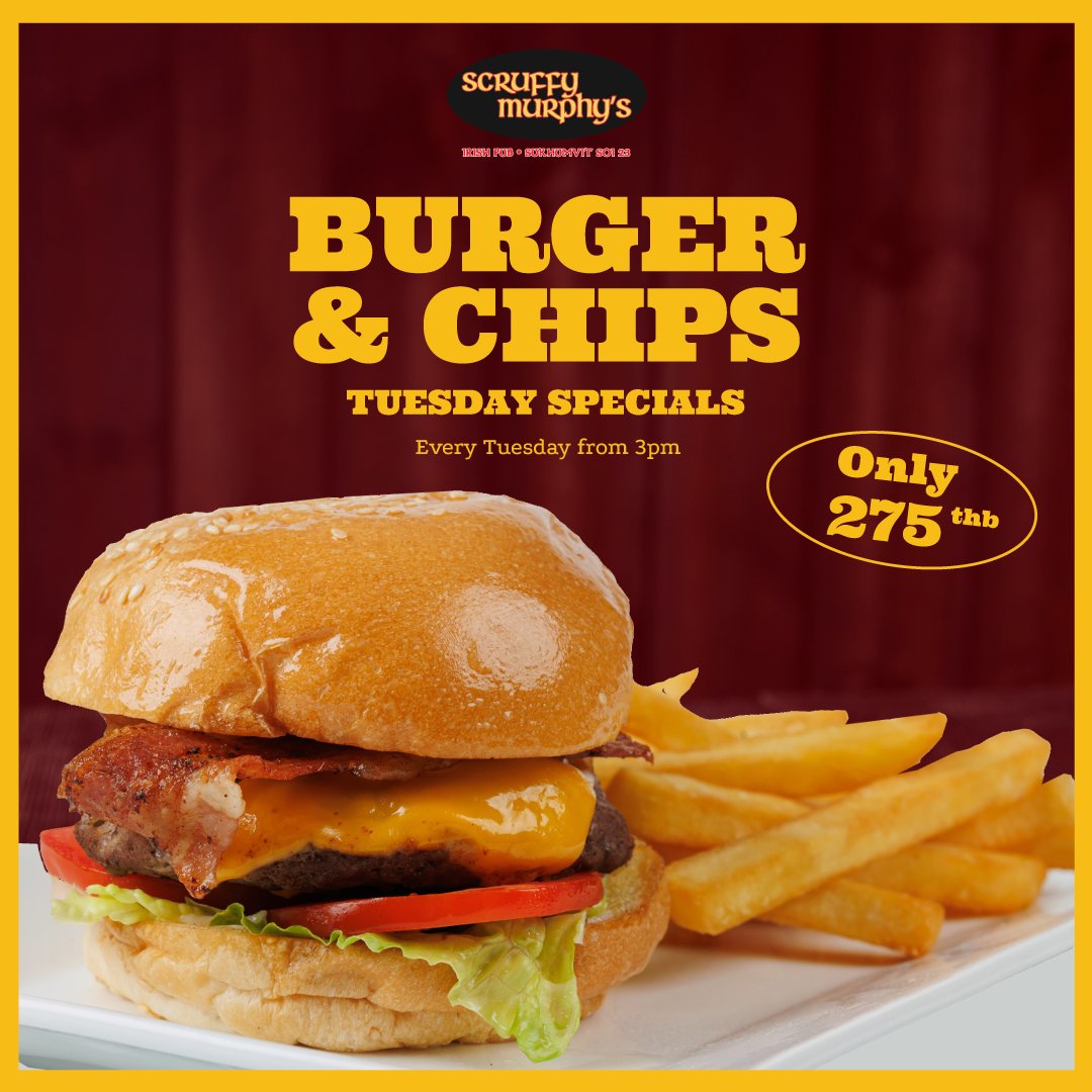 ScruffyMurphyTH's tweet photo. Life is too short to miss out on this cheeseburger deal 😁 Burger &amp; chips for 275THB every Tuesday from 3pm https://t.co/y3PH2Z4YCX